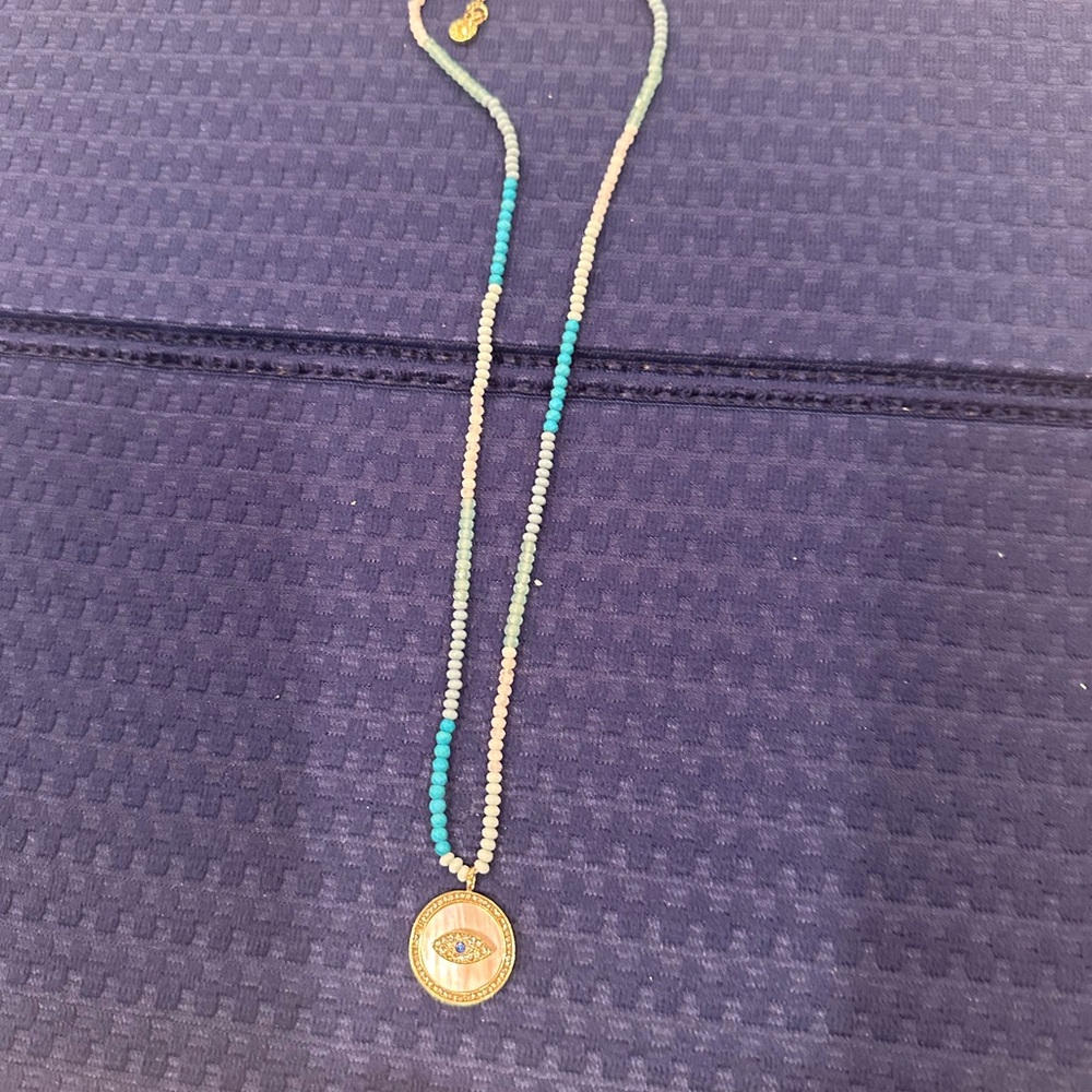 BaubleBar Gold and Turquoise Beaded Necklace with Eye Charm